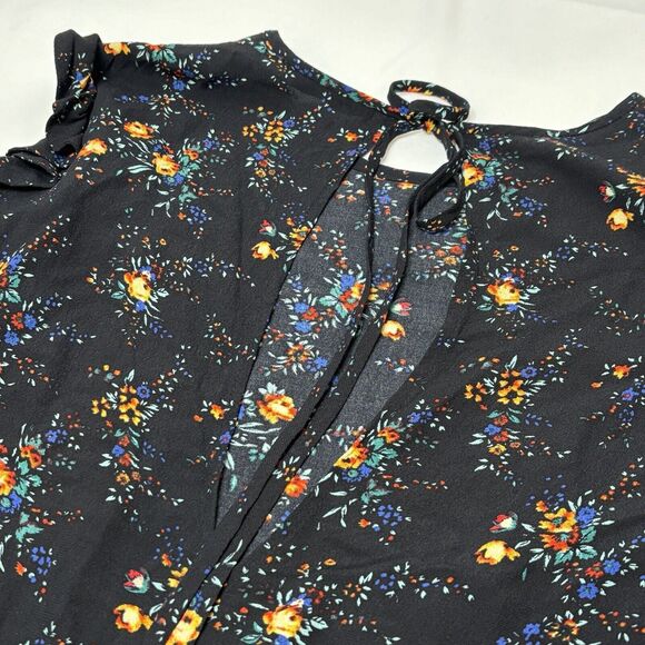 Sandro Paris Cold Shoulder Top Women 1 Small Black Floral Keyhole High Low - Picture 8 of 12